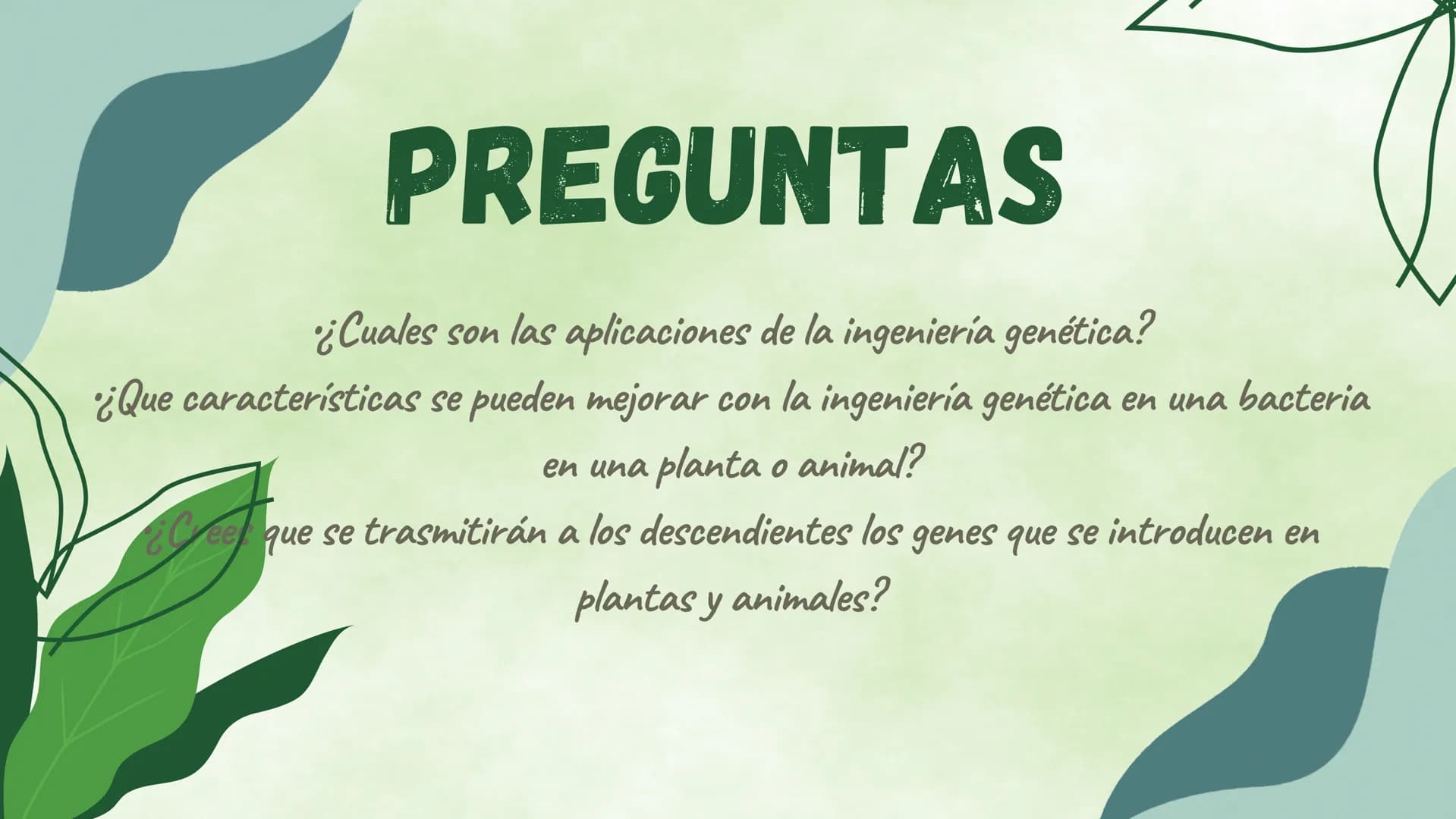 ¿EN QUE CONSISTE?
La ingieneria genetica consiste en la manipulacion
del ADN de un organismo para conseguir un
objetivo practico. Esta tecno