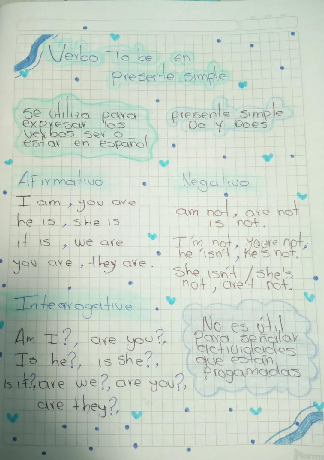 *   Verbo To be en
    Presente simple
*   Se utiliza para
    expresar los
    verbos ser o
    estar en español
*   presente simple
    Do