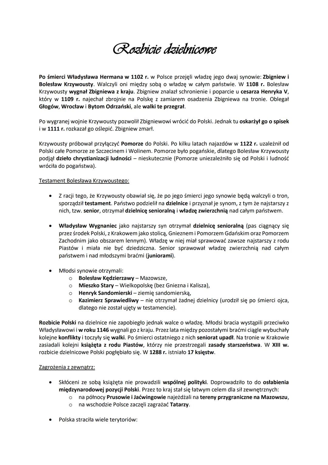 # Rozbicie dzielnicowe

Po śmierci Władysława Hermana w 1102 r. w Polsce przejęli władzę jego dwaj synowie: Zbigniew i
Bolesław Krzywousty. 