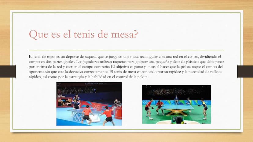 Tenis de mesa Que es el tenis de mesa?
El tenis de mesa es un deporte de raqueta que se juega en una mesa rectangular con una red en el cent
