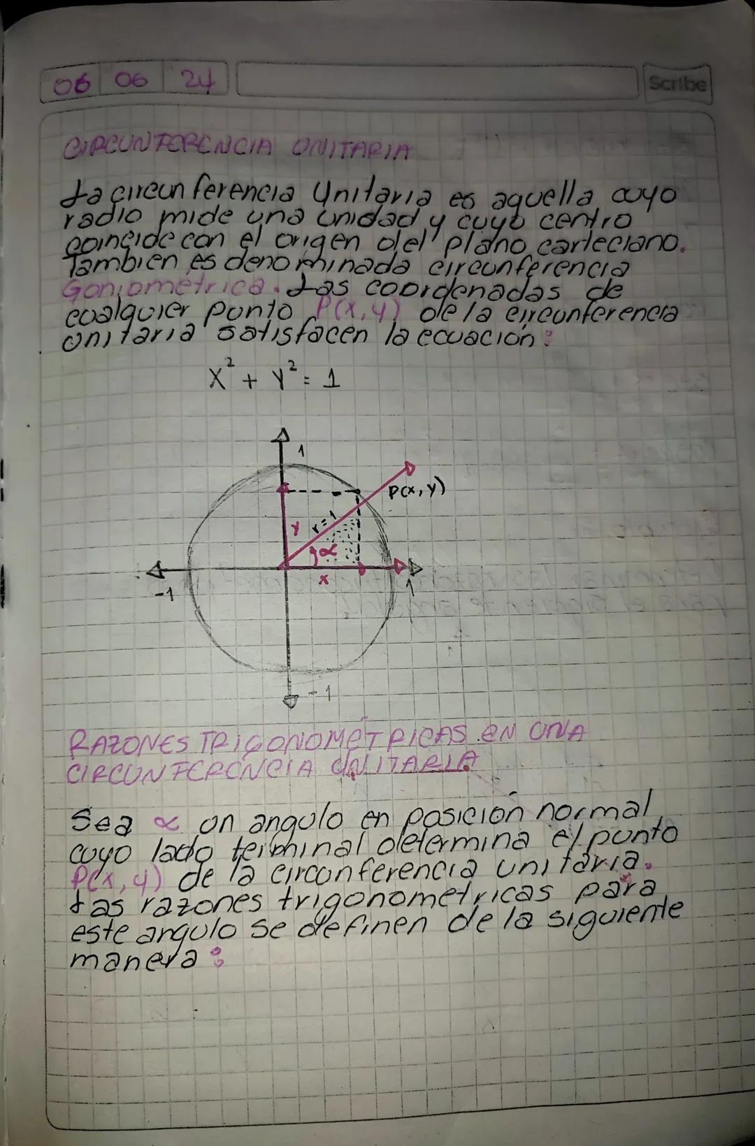 06 06 24
CIRCUNFERENCIA ONITARIA
Scribe
Ja cireun ferencia Unitaria es aquella, coyo
radio mide una unidad y cuyo centro
coincide con el ori