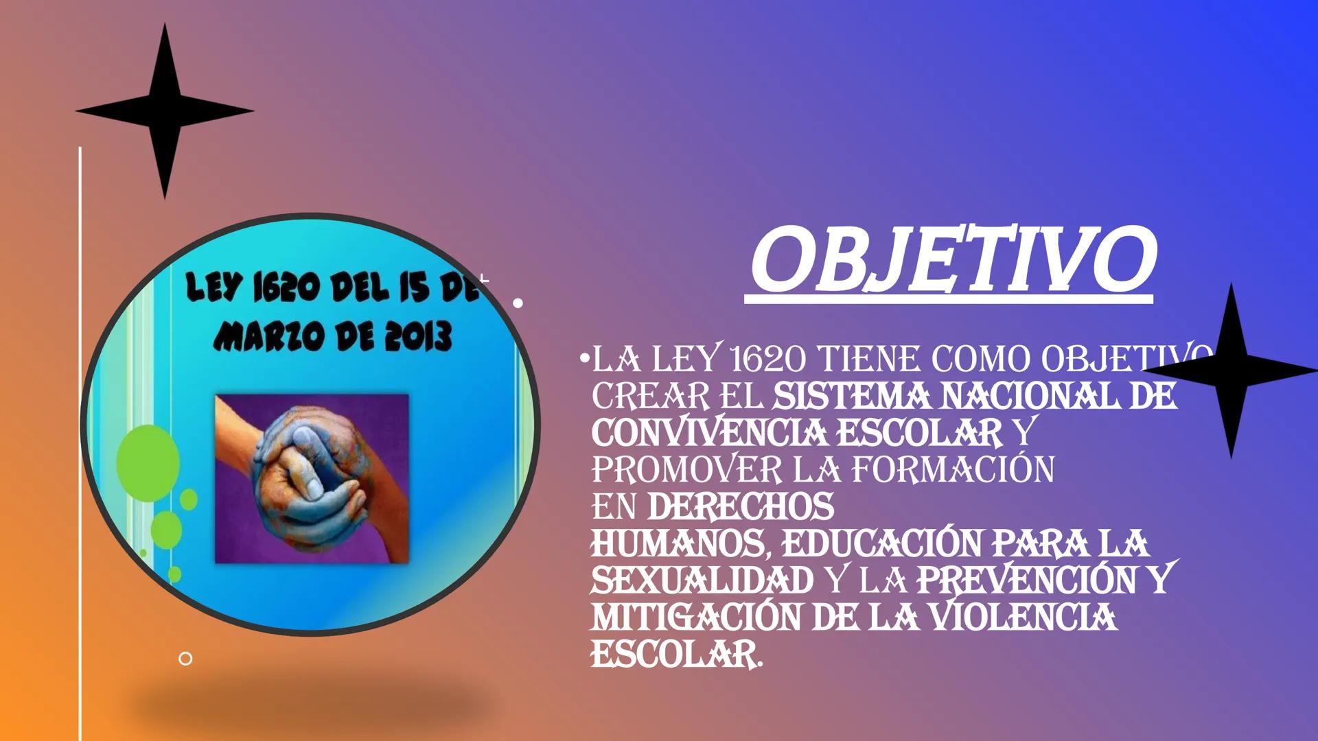 LEY 1620 LEY 1620 DEL IS DE
MARZO DE 2013
OBJETIVO
⚫LA LEY 1620 TIENE COMO OBJETIV
CREAR EL SISTEMA NACIONAL DE
CONVIVENCIA ESCOLAR Y
PROMOV
