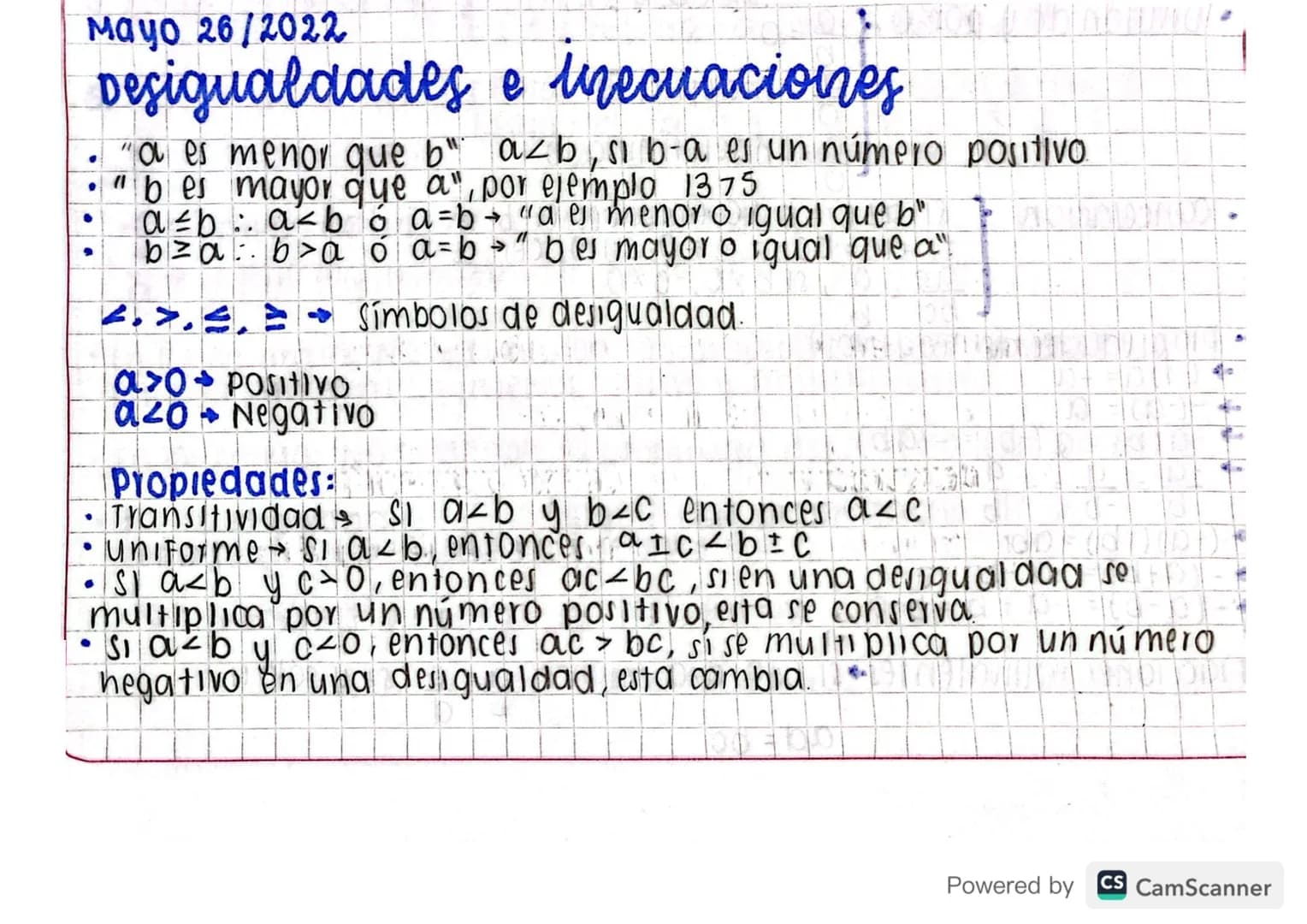 Mayo 26/2022
Desigualdades e unecuaciones
"a es menor que b"
• "bes mayor que a",
a≤ba<bó a=b
b = a b >a o α = b
.
.
•
2.7.5.
avo POSITIVO
a
