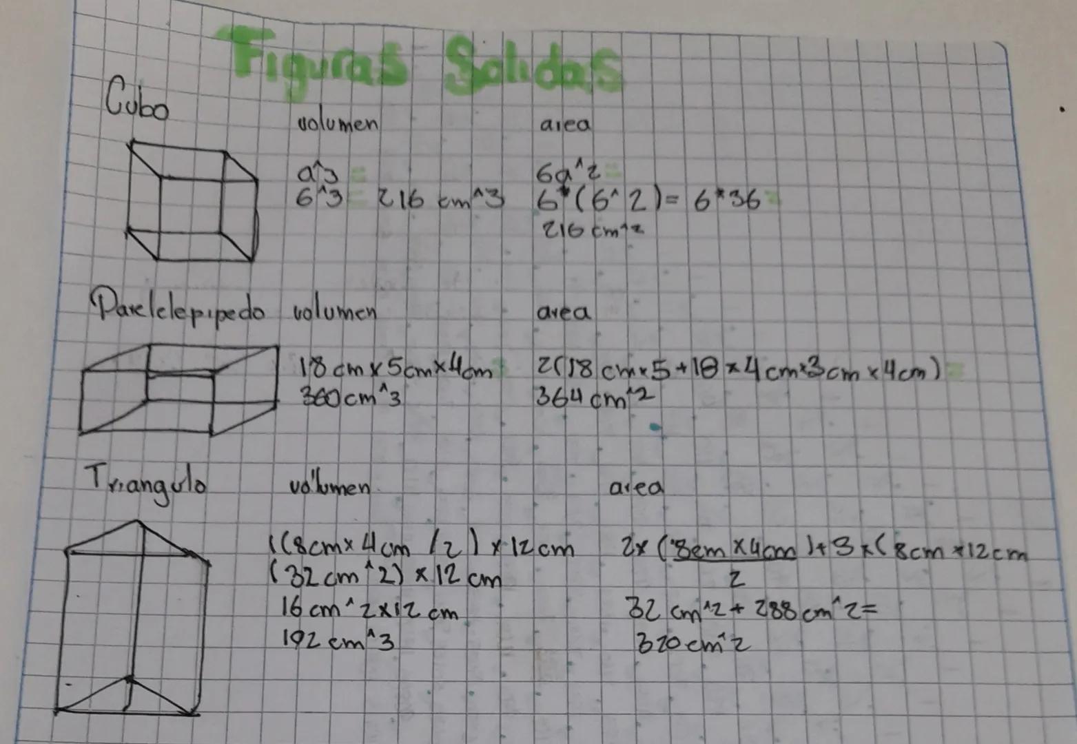 Figuras Salidas
Cubo
volumen
as
area
6a'z
63 16 cm^3 6" (6^2) = 6*36
Parelelepipedo volumen
216cm12
drea
18cm x 5cmx4cm.
300 cm^3
2(18 cm 5+
