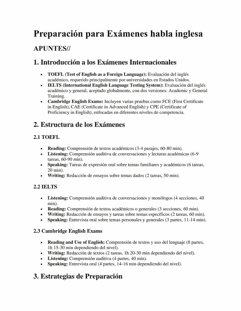 Preparación para Exámenes habla inglesa
APUNTES//
1. Introducción a los Exámenes Internacionales
•
.
TOEFL (Test of English as a Foreign Lan