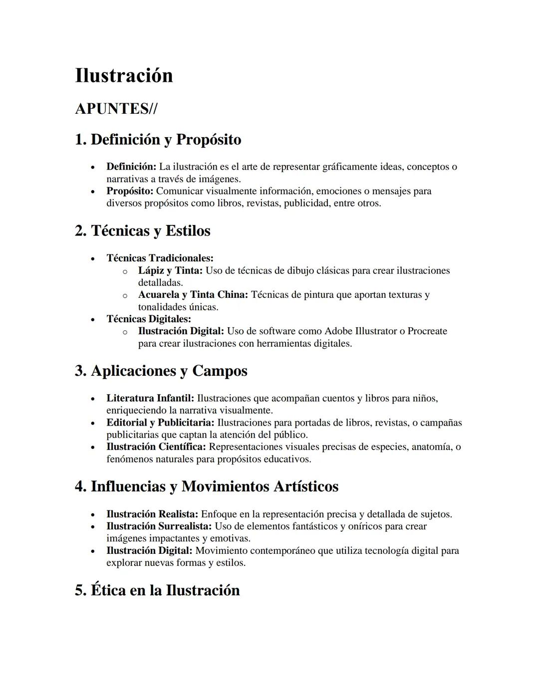 Ilustración
APUNTES//
1. Definición y Propósito
•
•
Definición: La ilustración es el arte de representar gráficamente ideas, conceptos o
nar