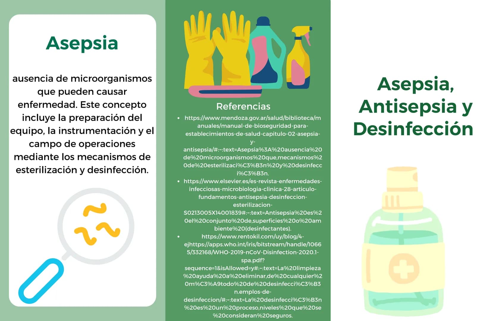 Asepsia
ausencia de microorganismos
que pueden causar
enfermedad. Este concepto
incluye la preparación del
equipo, la instrumentación y el
c