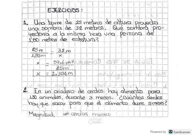 EJERCICIOS:
1. Una torre de 25 metros de altura proyecto
una sombra de 32 metros. Qué sombro pro-
yectara a la misma hora una persona de
1,8