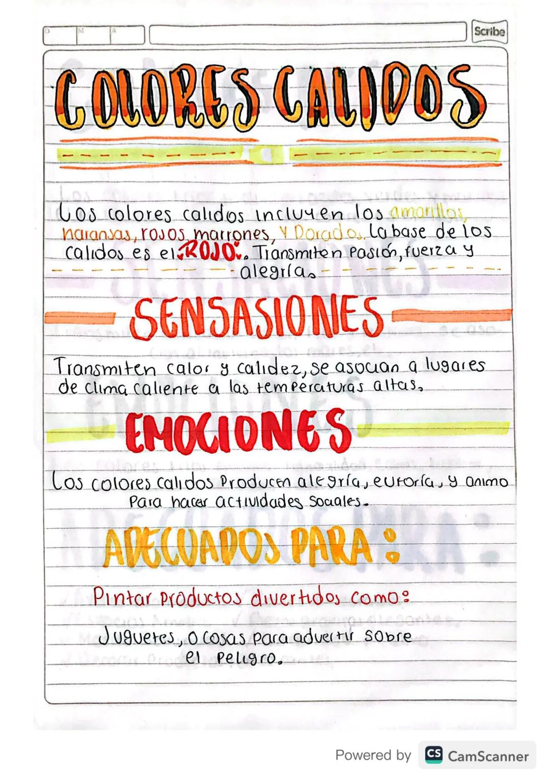 Scribe
# COLORES CALIDOS
Los colores calidos incluyen los amarillos,
naransas, rosos marrones, y Dorado, la base de los
Calidos es el ROJO. 