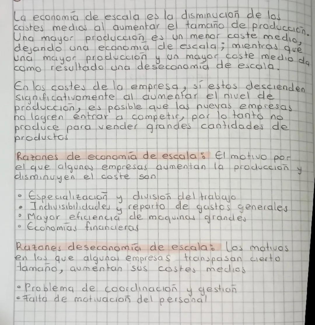 La economía de escala es la disminución de los
castes medios al aumentar el tamaño de producción.
Una mayor producción es un menor caste med
