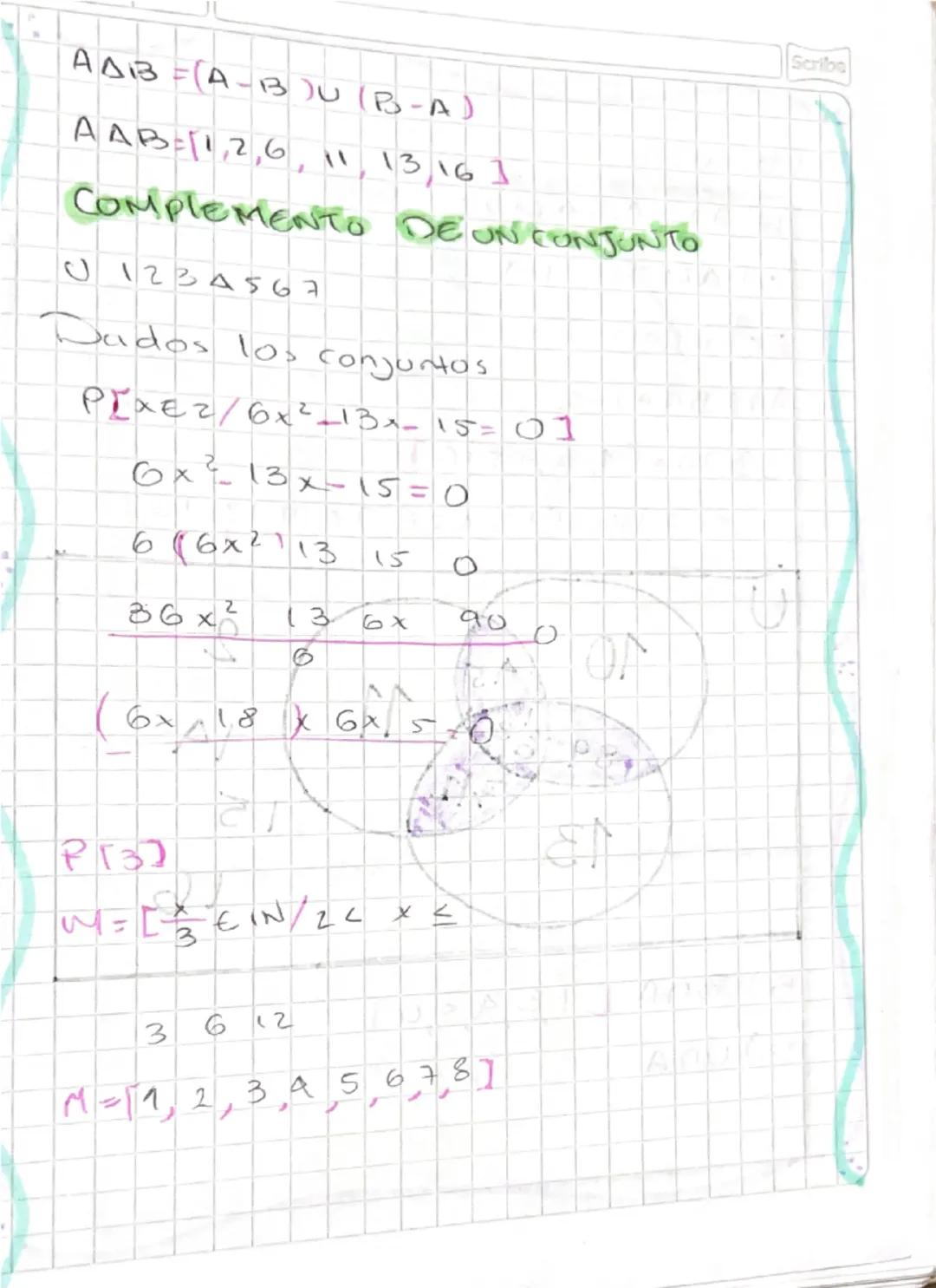 Scribe
OPERACIONES ENTRE CONJUNTO
UNION DE CONJUNTO
munion
AUB={x/x∈A V x∈B}
Interación de conjuntos
Toma lelementus repetido
A∩B={x/x∈A ∧ x