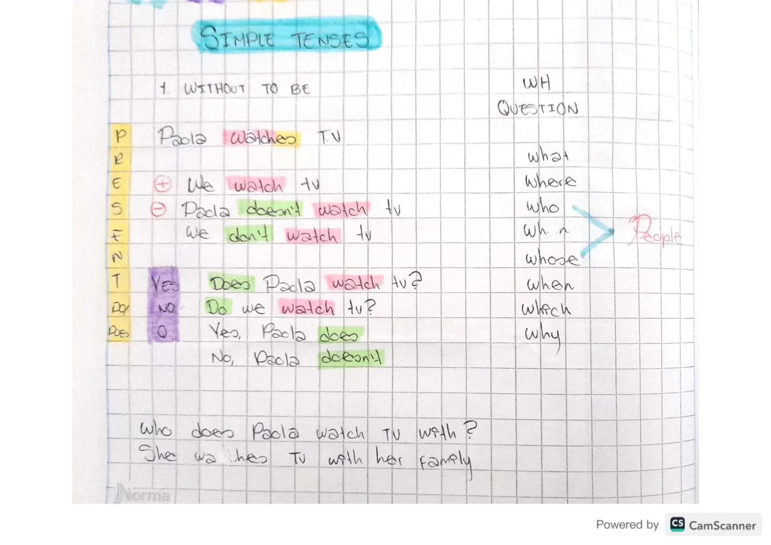 # SIMPLE TENSES

1. WITHOUT TO BE

P Paola Watches TV

WH
QUESTION

R
what

E
We watch tu
Where

S
Pada doesn't watch tv
who

F
We don't wat