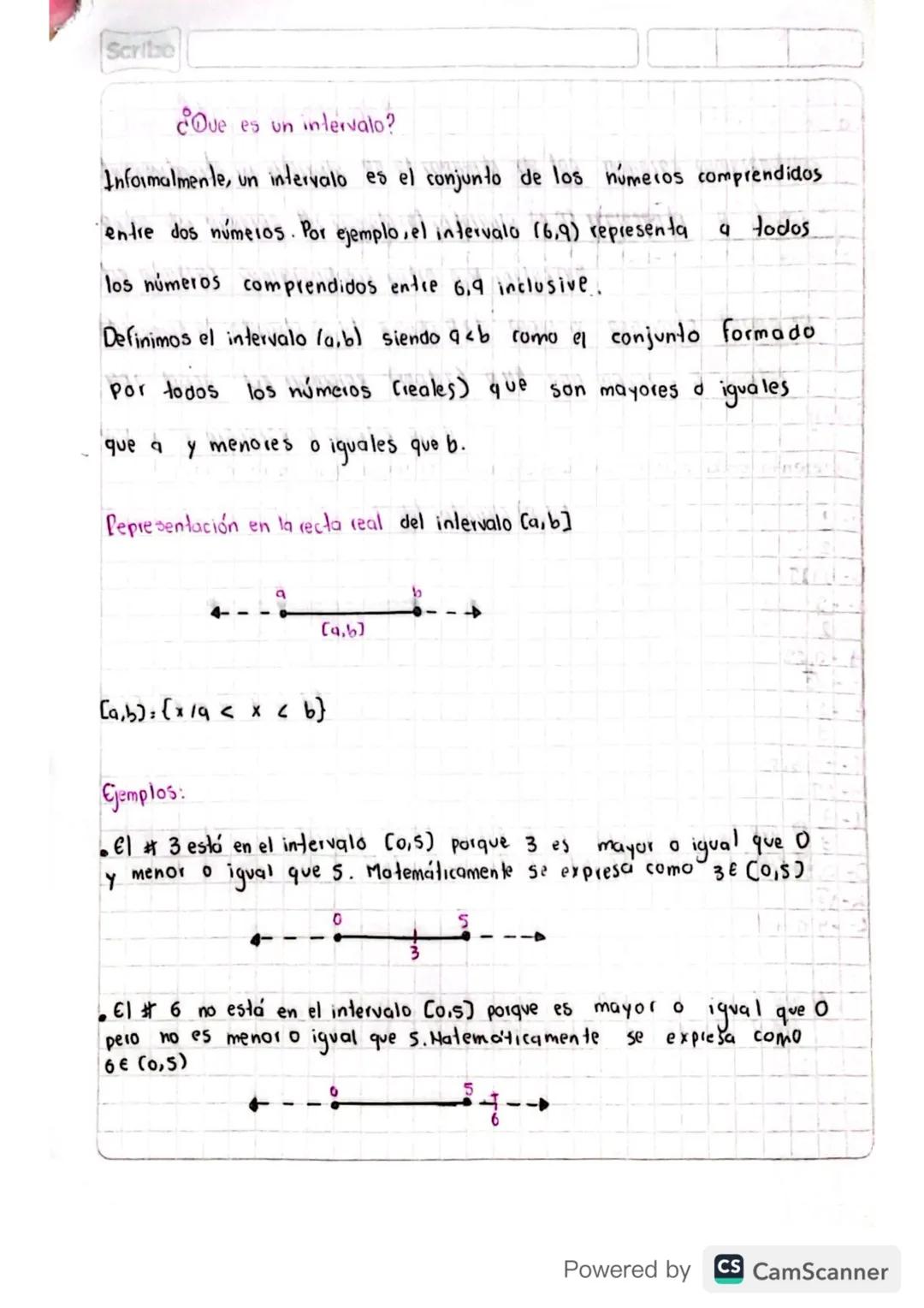 Scribe
Que es un intervalo?
Informalmente, un intervalo es el conjunto de los números comprendidos
entre dos números. Por ejemplo, el interv
