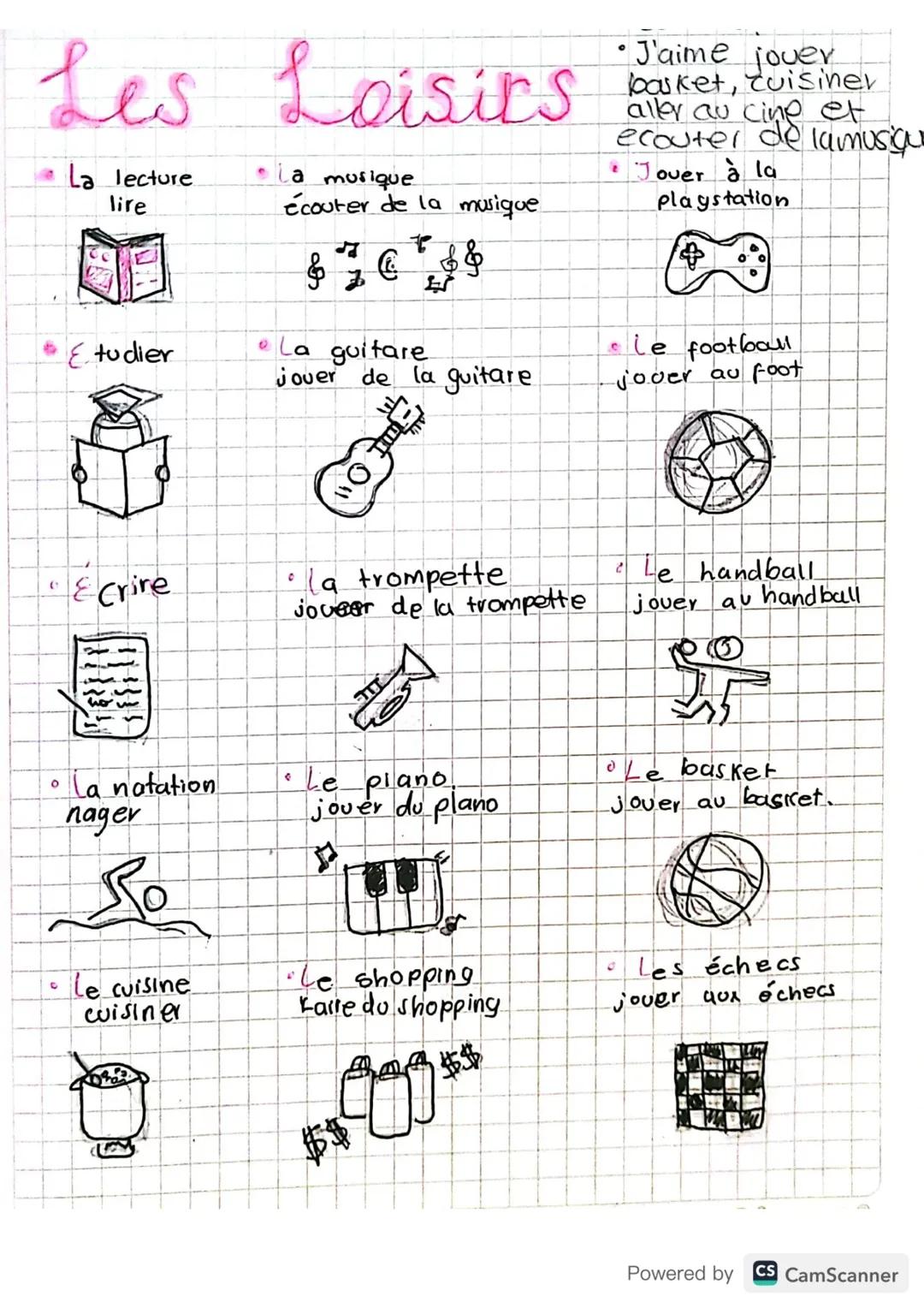 ### Les Loisits

*   •J'aime
baker, Luisiner
aller au cine et
ecouter de lamusigu
*   Jouer à la
playstation

*   La lecture
lire

*   La mu