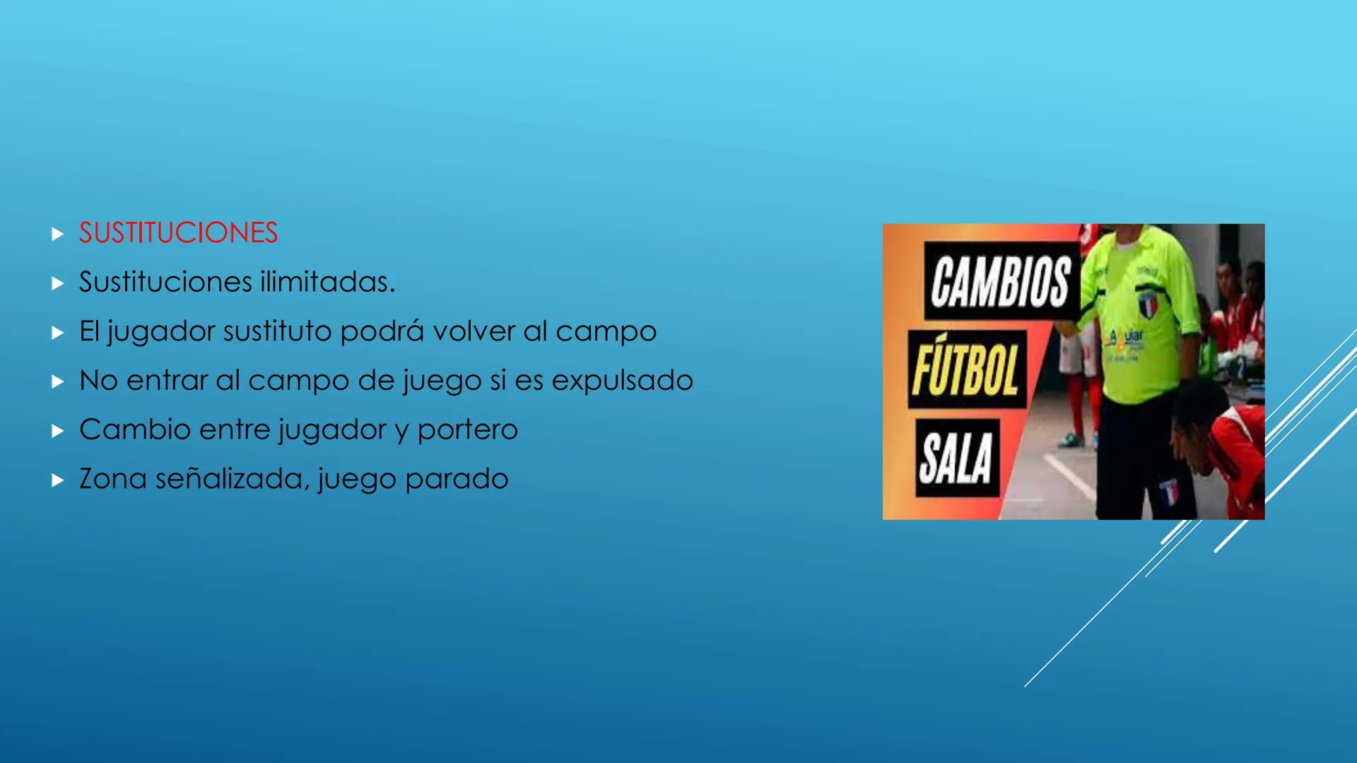 FUTBOL SALA ► Índice:
► Categoría
► Historia
► Microfútbol en Colombia
► Reglamentación
► Sustituciones
► Inicio y reanudación del juego
► B