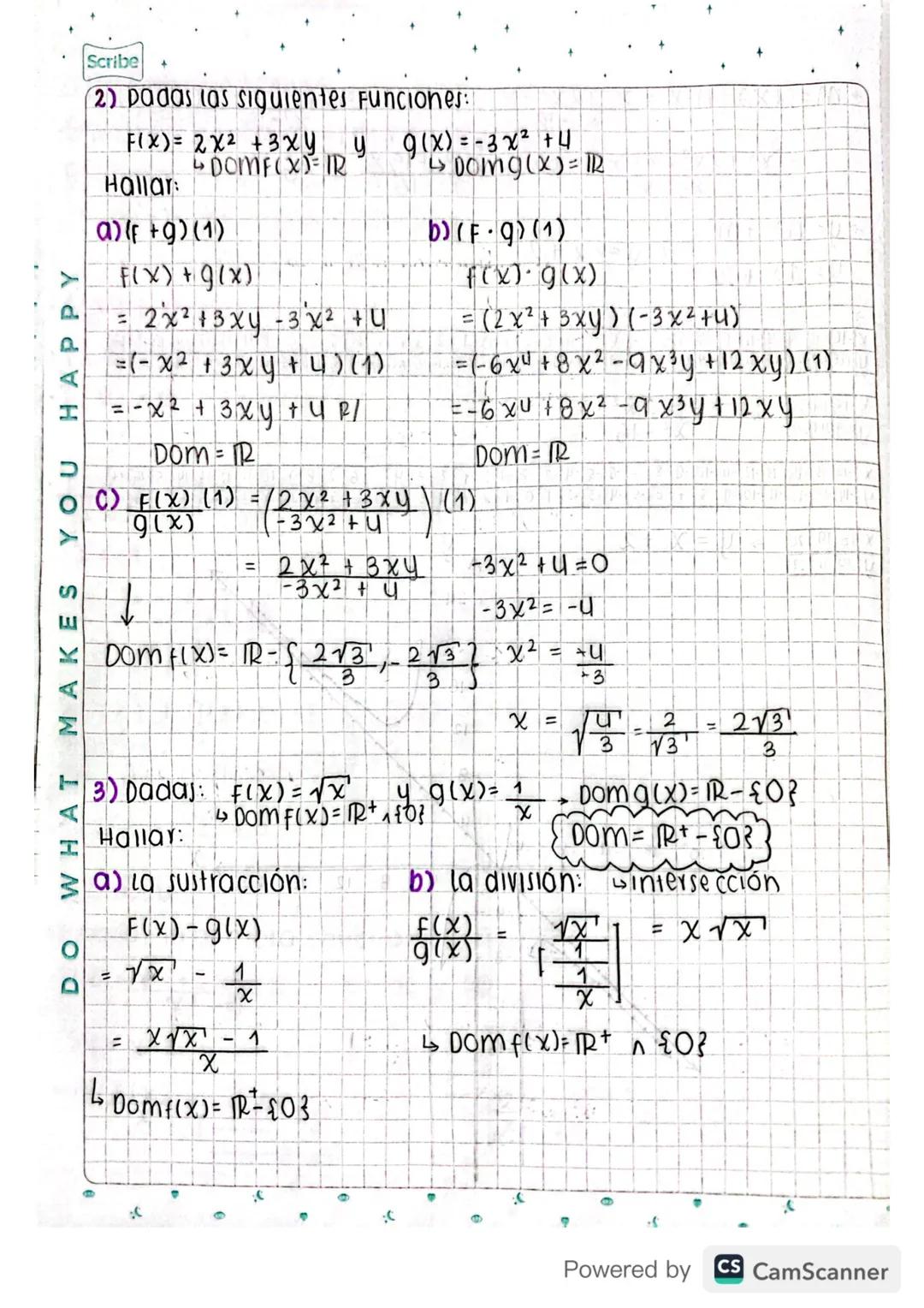Scribe
septiembre 23/2021
# operaciones entre funciones
EJ: F(x)=-5x² + 2 → Domf(x)=ℝ
g(x)= x3 → Domg(x)= ℝ

*   f (x) ∩ g (x) = ℝ
*   F(x) 