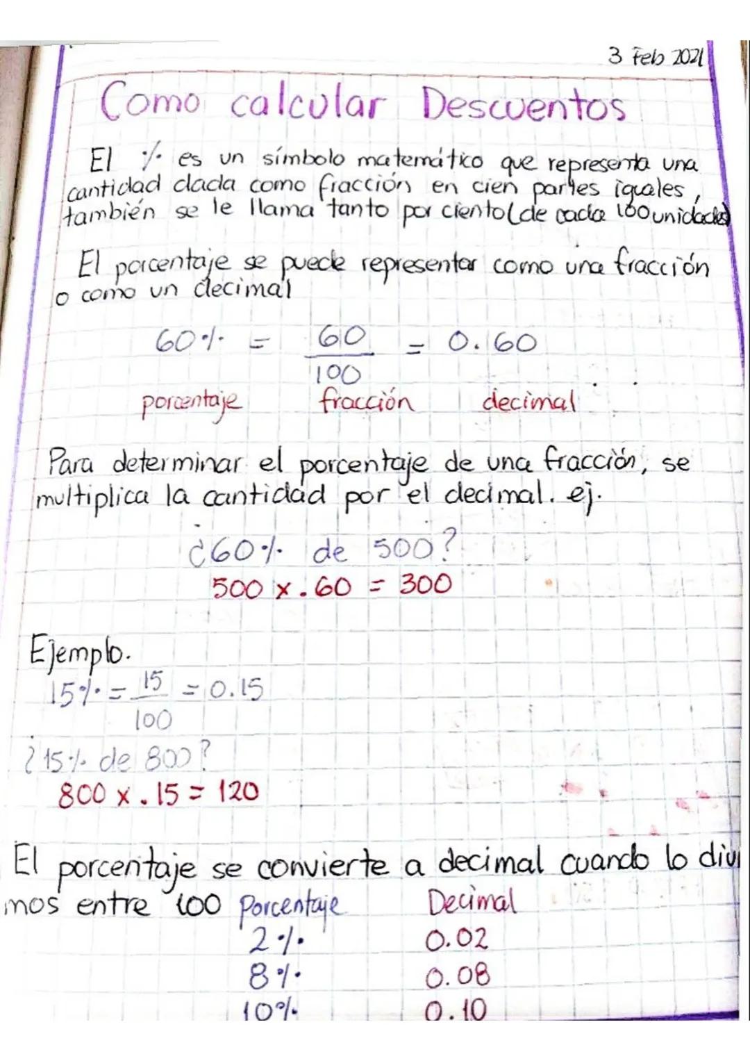 3 Feb 2021
Como calcular Descuentos
El es un símbolo matemático que representa una
cantidad dada como fracción en cien partes iguales
tambié
