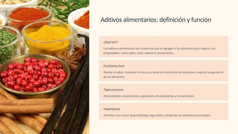 Química de alimentos:
Aditivos, conservantes,
colorantes, vitaminas
Explora los fascinantes componentes químicos que dan a los
alimentos sus