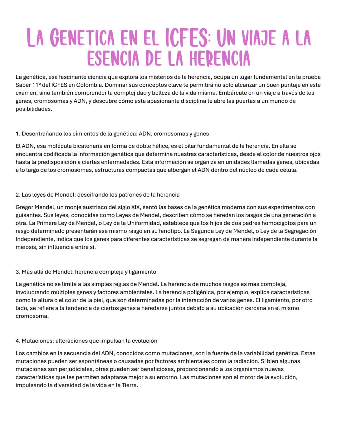 LA GENETICA EN EL ICFES: UN VIAJE A LA
ESENCIA DE LA HERENCIA
La genética, esa fascinante ciencia que explora los misterios de la herencia, 