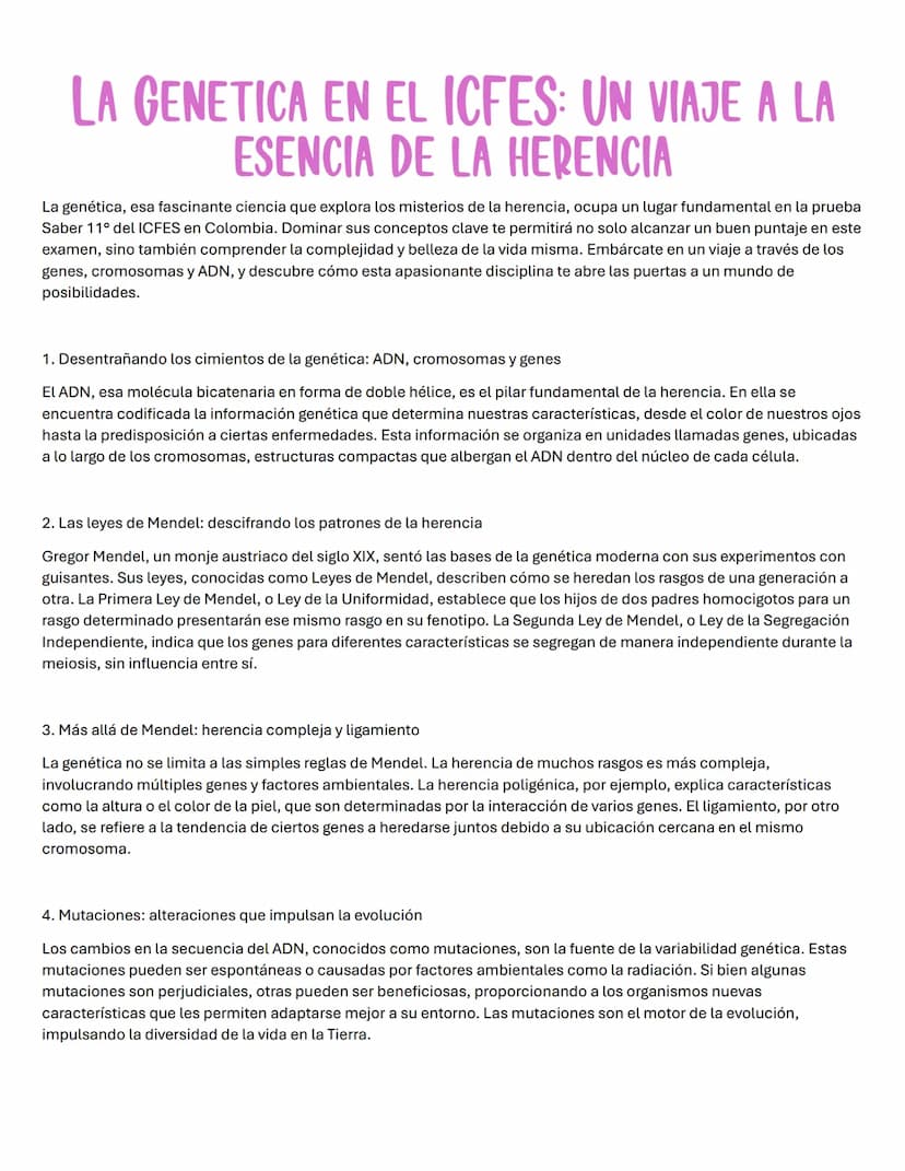 LA GENETICA EN EL ICFES: UN VIAJE A LA
ESENCIA DE LA HERENCIA
La genética, esa fascinante ciencia que explora los misterios de la herencia, 