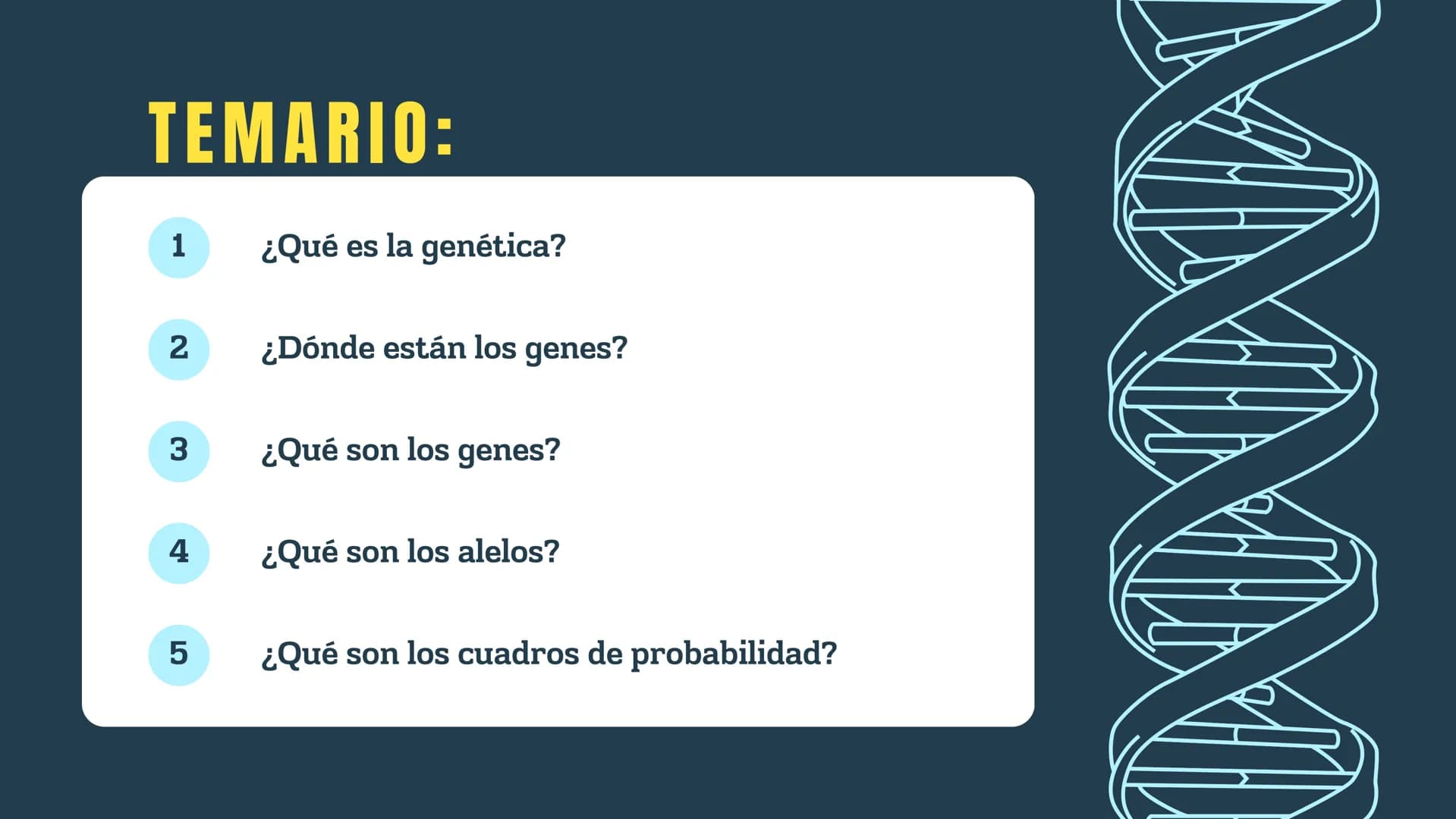 N
H-N
H
H
CH
H-
T
タール
こ
GENETICA
Conceptos básicos
N-H
H-N
G
HIN
H
N-H
C
4-2 TEMARIO:
1
¿Qué es la genética?
2
¿Dónde están los genes?
3 ¿Qu