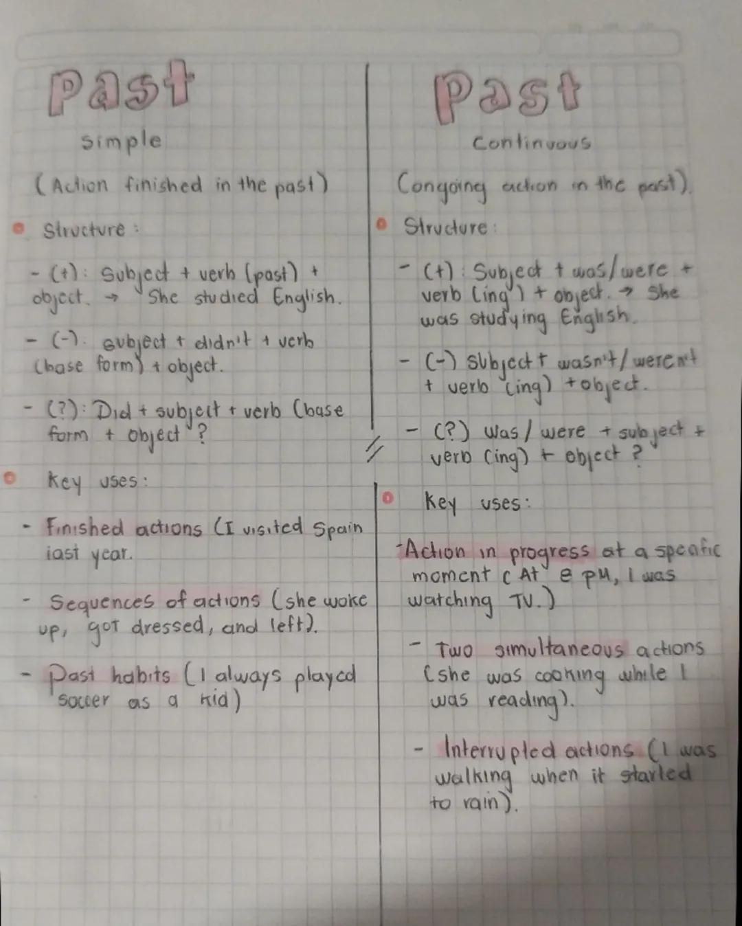 # Past
Simple
(Action finished in the past)

• Structure:

- (+): Subject + verb (past) +
object.→ "She studied English.

- (-). subject + d