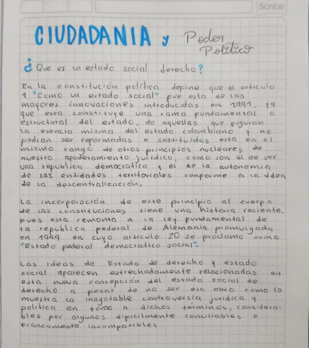 Scribe
CIUDADANIA y Poder
Politico
¿Que es un estado social derecho?
En la
constitución política define que el articulo
un estado social" Ev