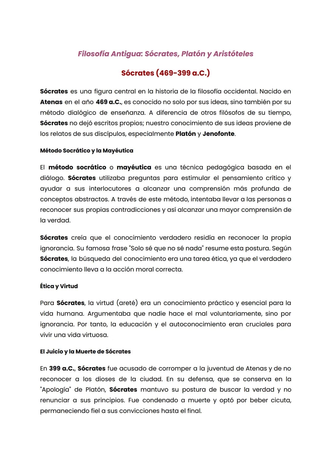 Filosofía Antigua: Sócrates, Platón y Aristóteles
Sócrates (469-399 a.C.)
Sócrates es una figura central en la historia de la filosofía occi
