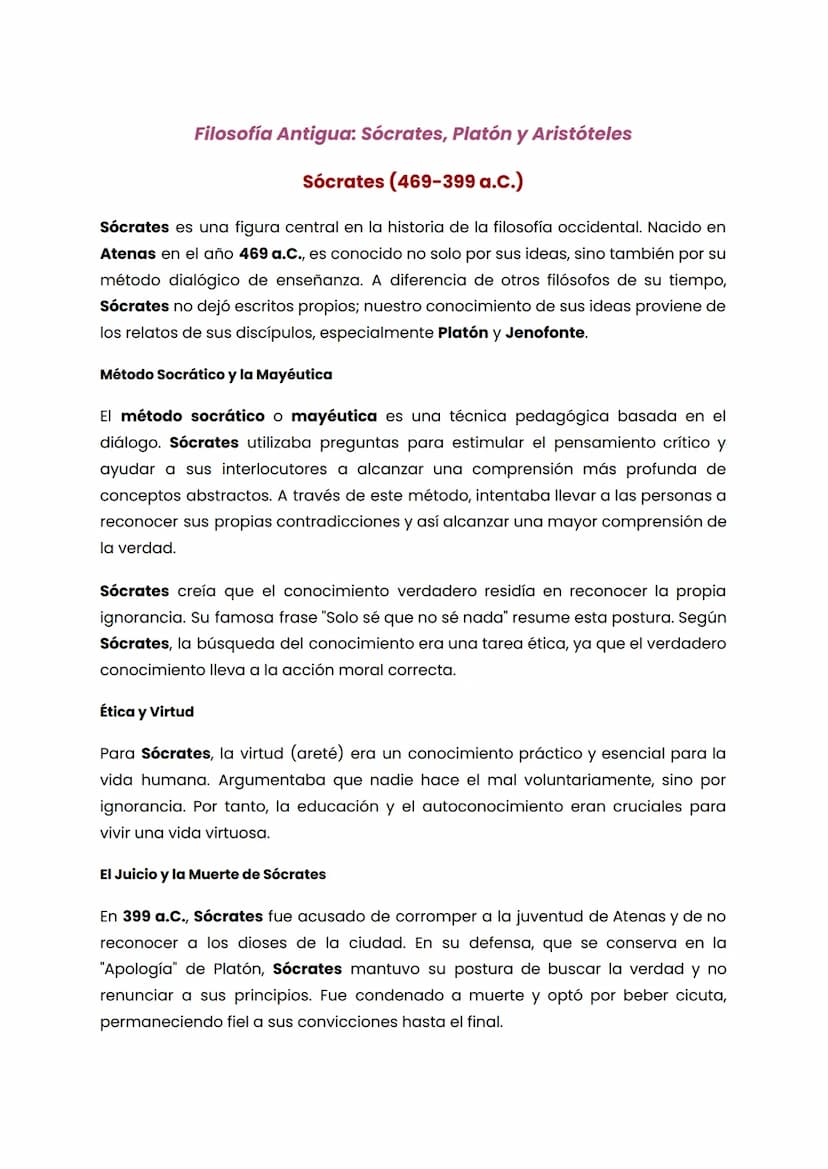 Filosofía Antigua: Sócrates, Platón y Aristóteles
Sócrates (469-399 a.C.)
Sócrates es una figura central en la historia de la filosofía occi
