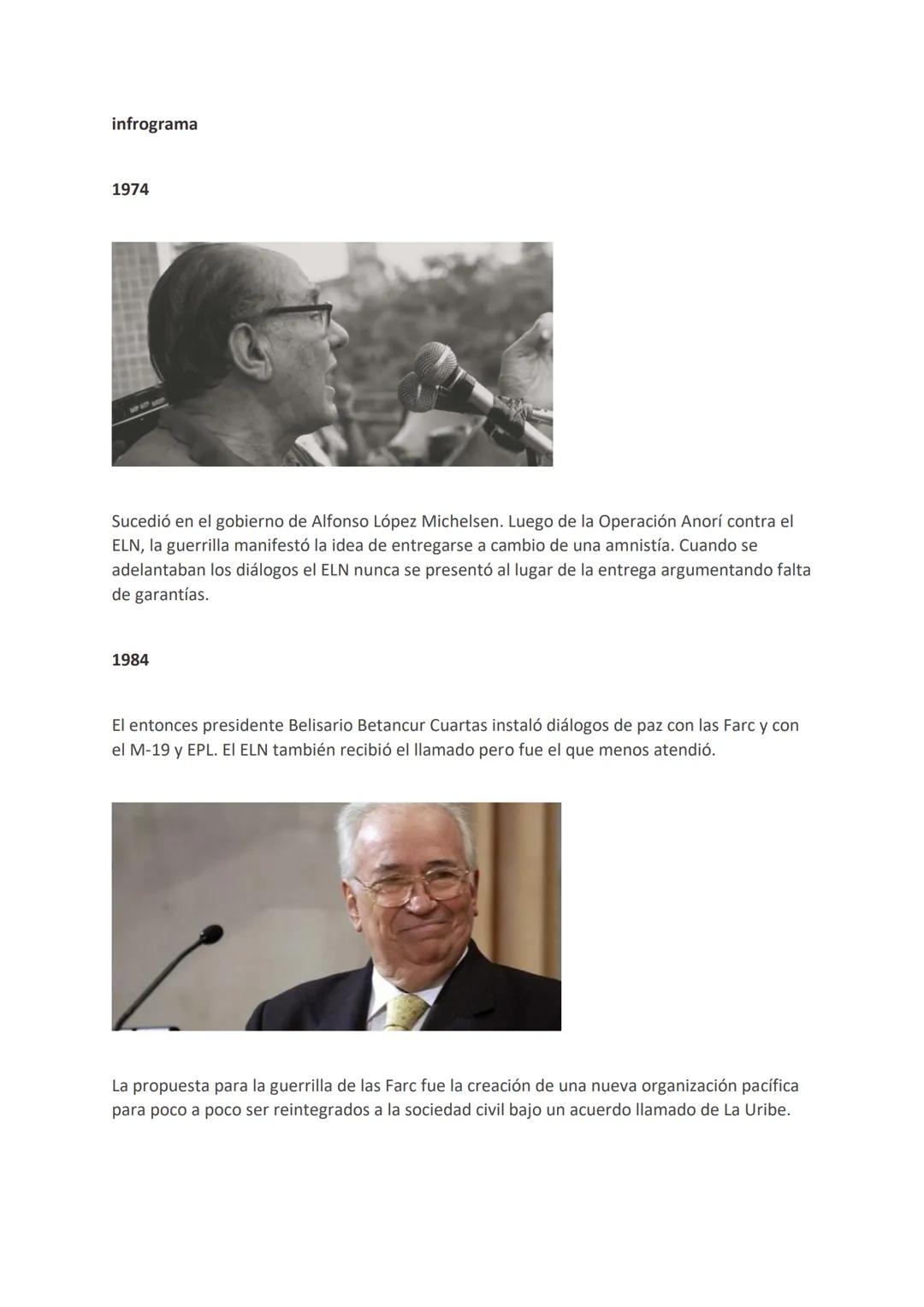 infrograma
1974
Sucedió en el gobierno de Alfonso López Michelsen. Luego de la Operación Anorí contra el
ELN, la guerrilla manifestó la idea