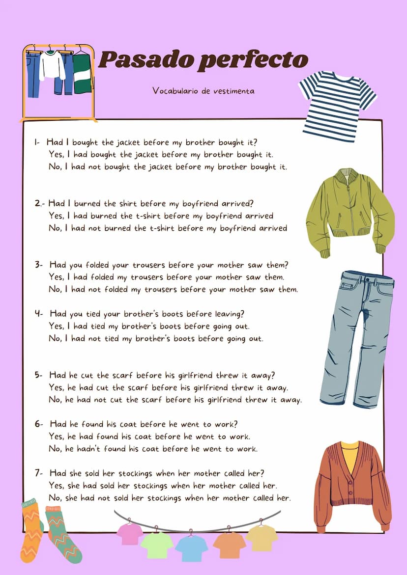 Pasado perfecto
Vocabulario de vestimenta
I Had I bought the jacket before my brother bought it?
Yes, I had bought the jacket before my brot