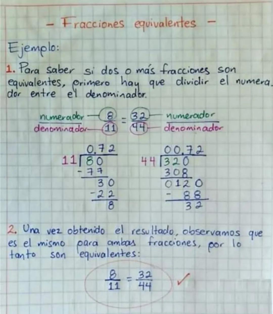 Ejemplo:
Fracciones equivalentes
1. Para saber si dos o más fracciones son
equivalentes, primero hay que dividir el numera.
dor entre el den