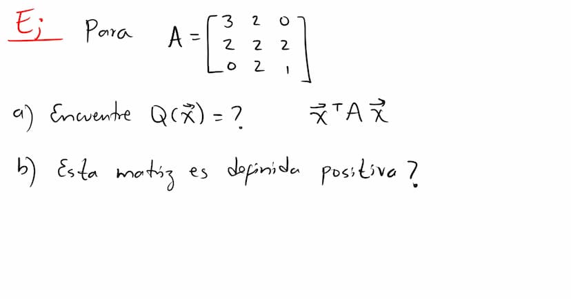 Formas
cuadráticas Una
Forma
cuadrática eu
са
Rn es
un a
función Q
definida
eu Ru
wyo
valor
en
un vector ☆ ER
puede calcularse mediante
T
Q(