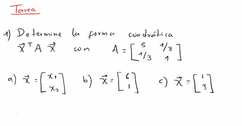 Formas
cuadráticas Una
Forma
cuadrática eu
са
Rn es
un a
función Q
definida
eu Ru
wyo
valor
en
un vector ☆ ER
puede calcularse mediante
T
Q(