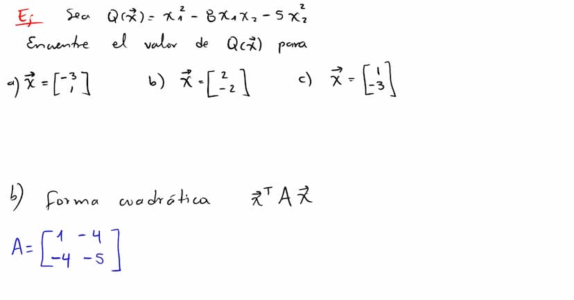 Formas
cuadráticas Una
Forma
cuadrática eu
са
Rn es
un a
función Q
definida
eu Ru
wyo
valor
en
un vector ☆ ER
puede calcularse mediante
T
Q(