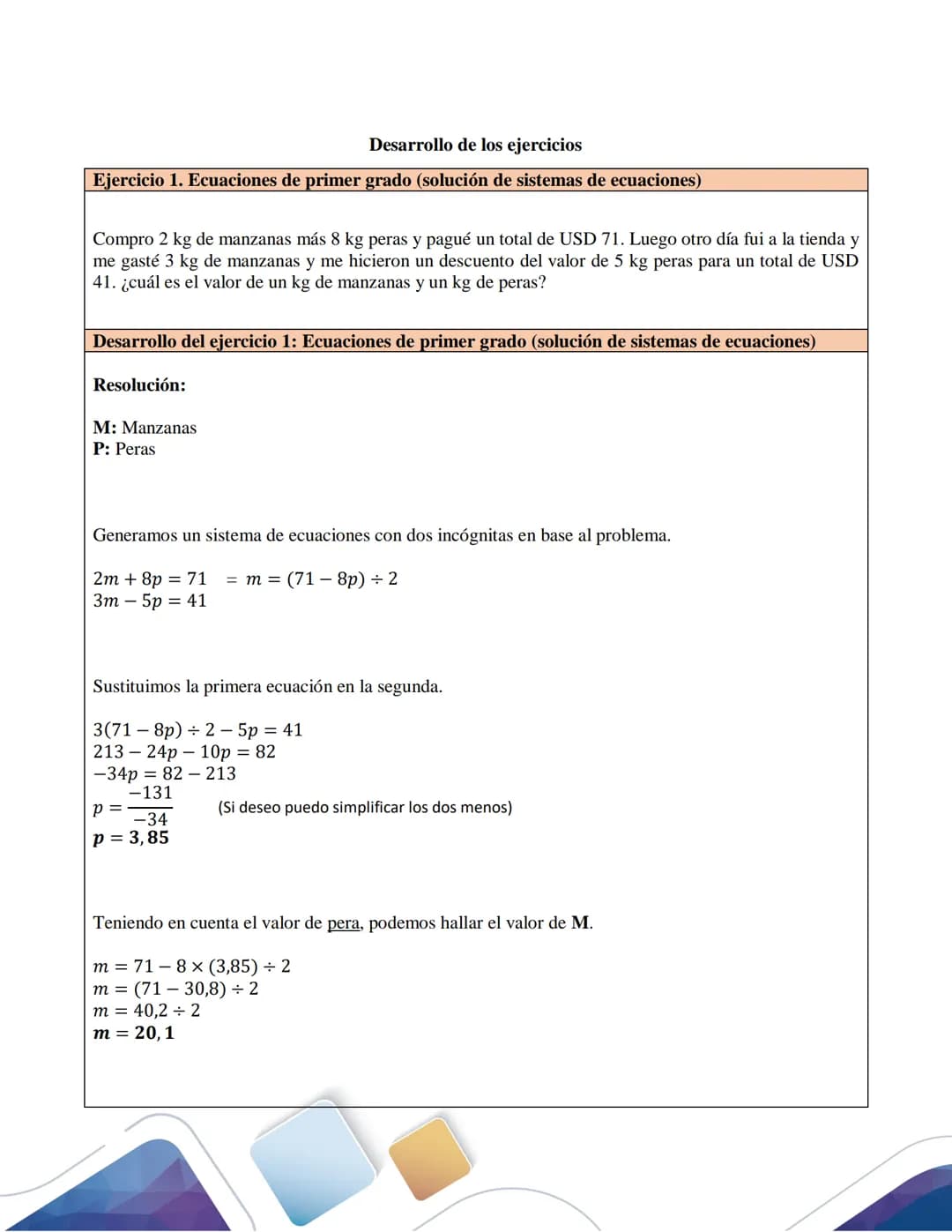 Desarrollo de los ejercicios
Ejercicio 1. Ecuaciones de primer grado (solución de sistemas de ecuaciones)
Compro 2 kg de manzanas más 8 kg p