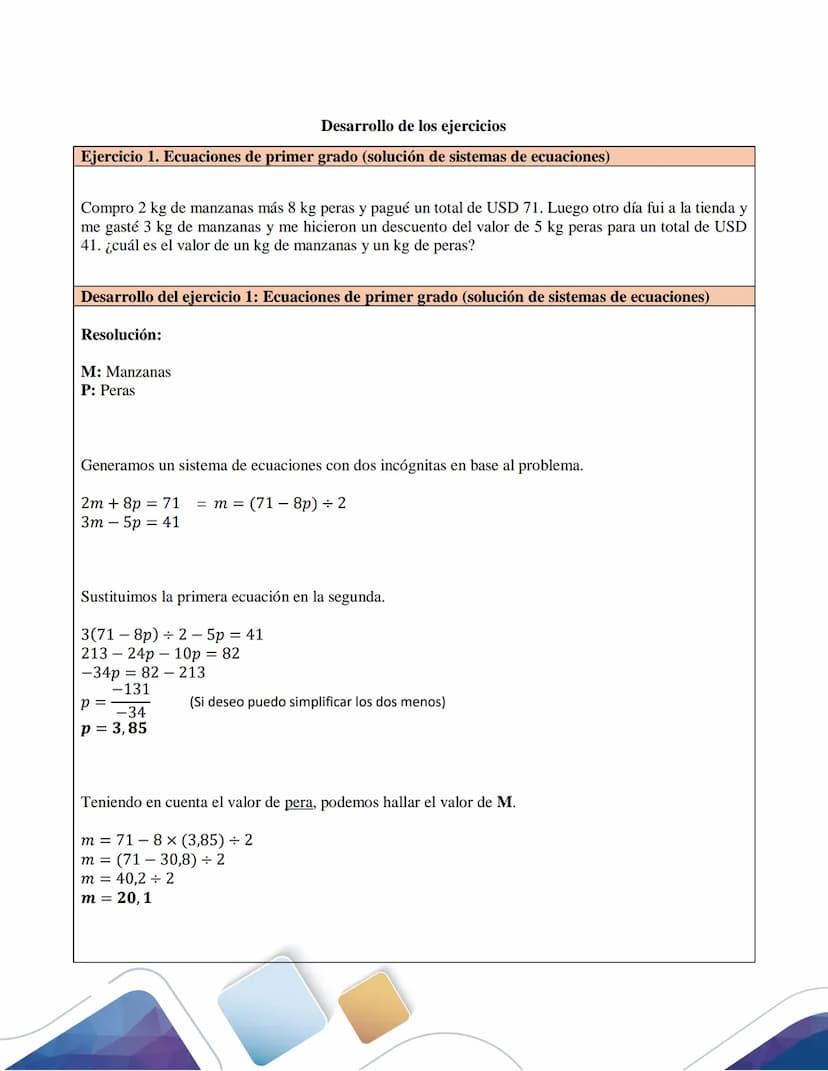 Desarrollo de los ejercicios
Ejercicio 1. Ecuaciones de primer grado (solución de sistemas de ecuaciones)
Compro 2 kg de manzanas más 8 kg p