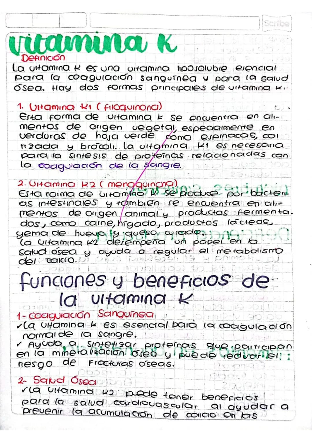Scribe
vitamina k
Definición
La vitamina K es una vitamina liposoluble esencial
para la coagulación sanguinea y para la salud
Osea. Hay dos 