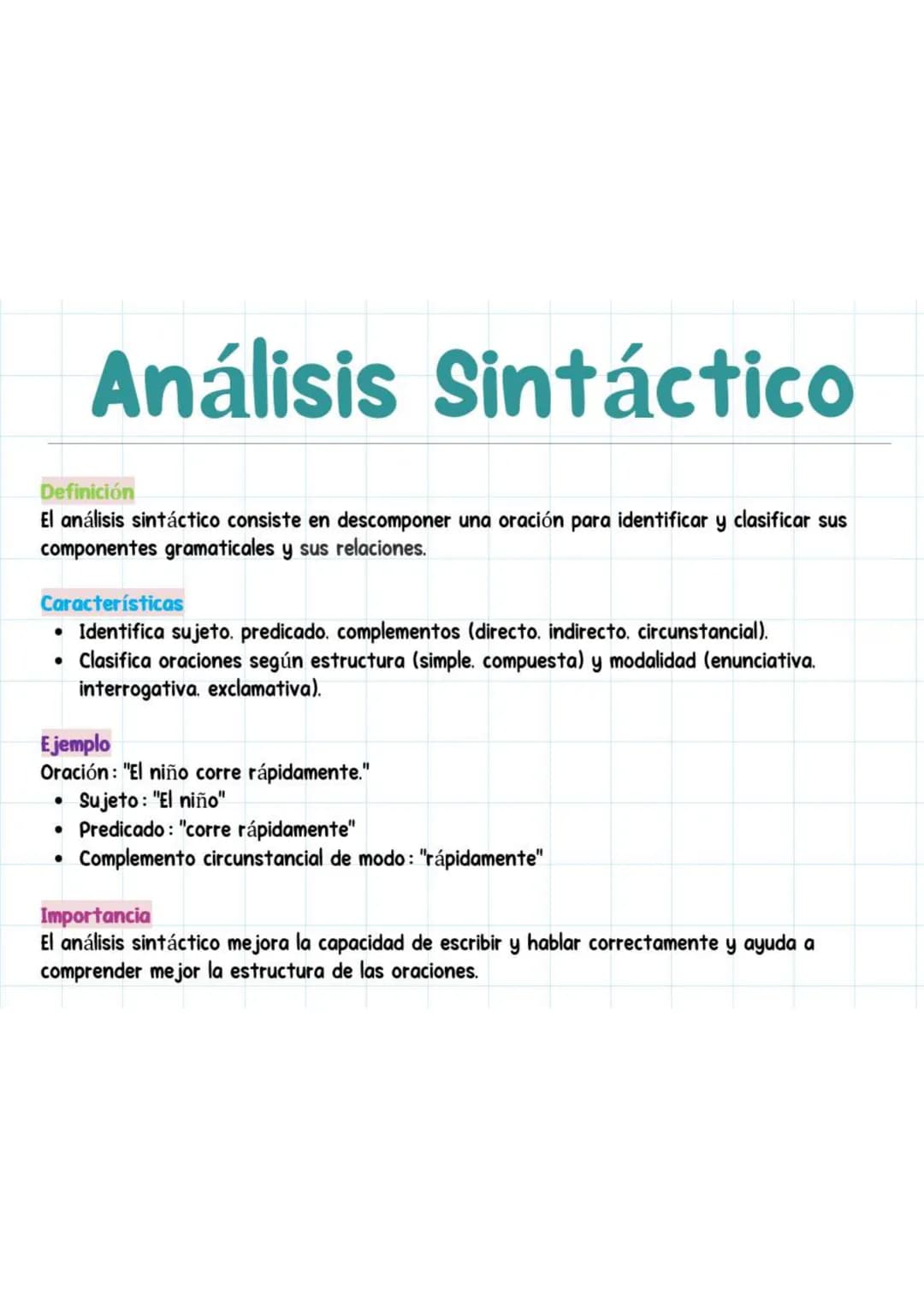 Análisis Sintáctico
Definición
El análisis sintáctico consiste en descomponer una oración para identificar y clasificar sus
componentes gram