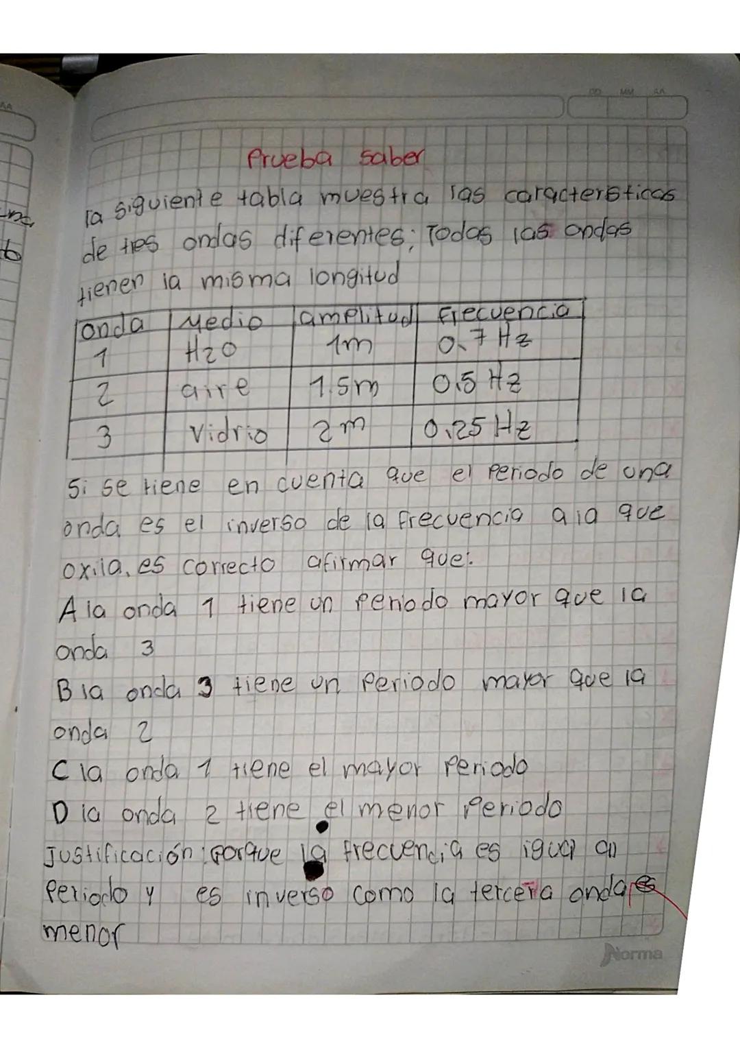 Prueba saber
la siguiente tabla muestra las caracteristicas
de tes ondas diferentes; Todas las ondas
tienen la misma longitud
londa Medio
am