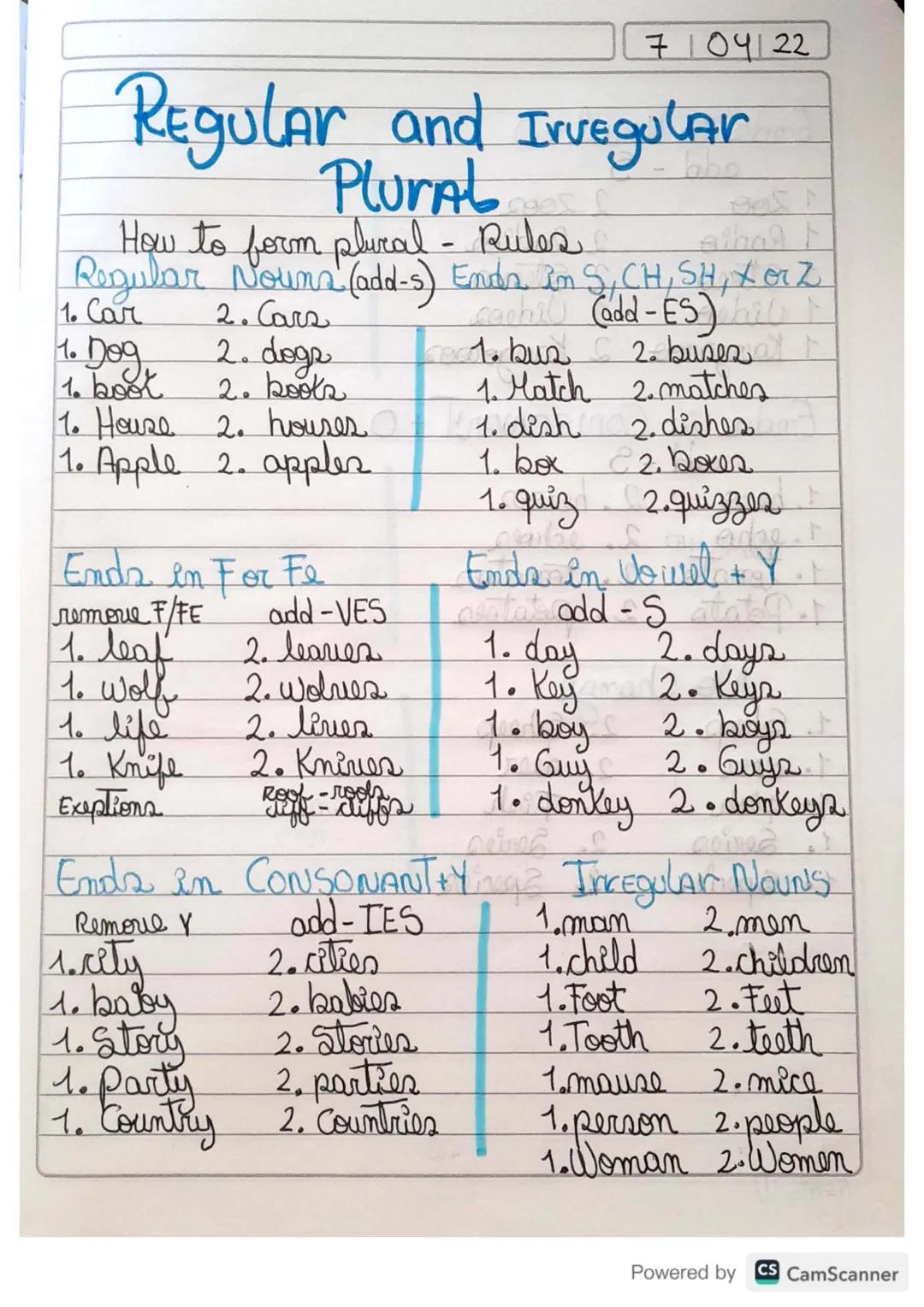 7104122
Regular and Irvegular
Plural
How to form plural - Rules
aiba
Regular Nouns (add-s) Ends in S, CH, SH, Xorz
1. Car
2. Cars
1. Dog
2. 