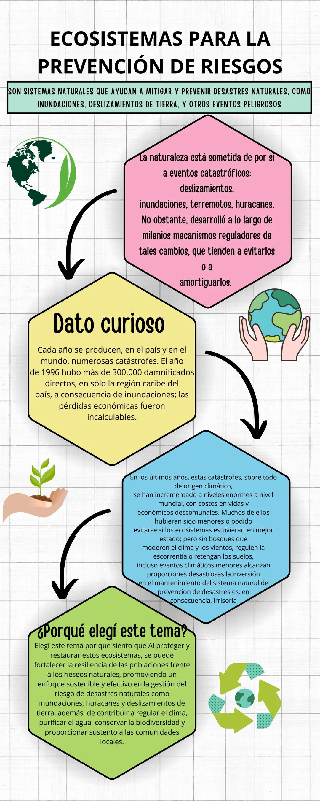 # ECOSISTEMAS PARA LA
PREVENCIÓN DE RIESGOS
SON SISTEMAS NATURALES QUE AYUDAN A MITIGAR Y PREVENIR DESASTRES NATURALES, COMO
INUNDACIONES, D