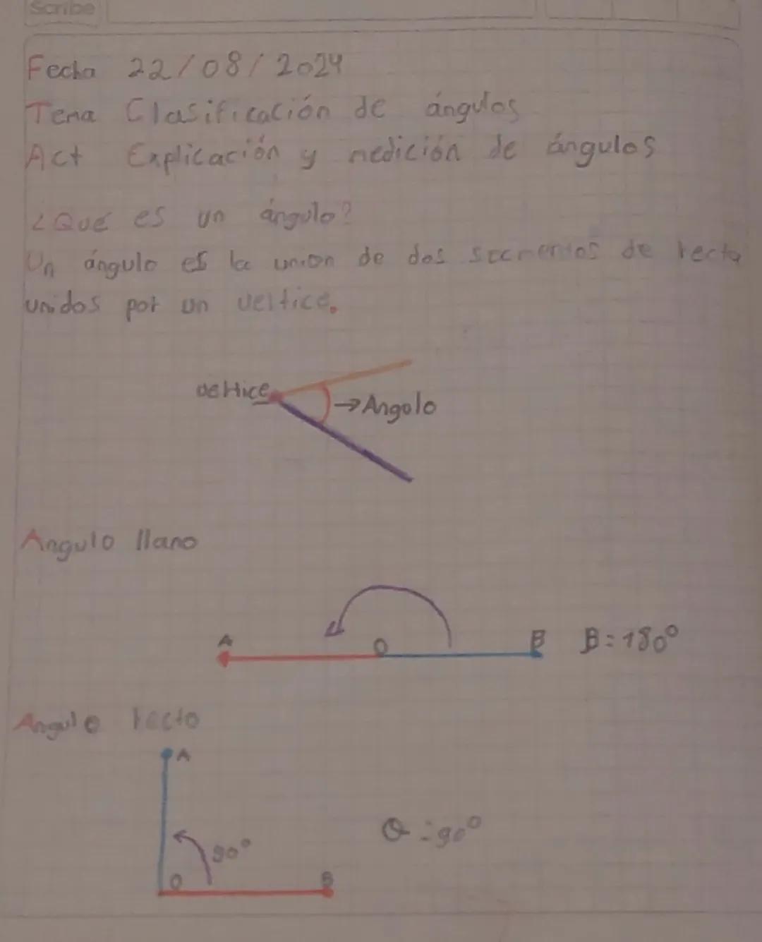 Scribe
Fecha 22/08/2024
Tena Clasificación de ángulos
Act Explicación y medición de ángulos
¿Qué es un ángulo?
Un angule e la union de dos s
