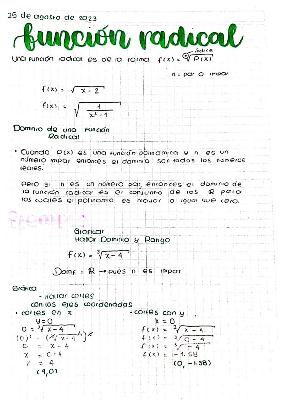 25 de agosto de 2023
# función radical
Una función radical es de la forma $f(x) = \sqrt[n]{P(x)}$

$f(x) = \sqrt{x-2}$

$f(x) = \sqrt{\frac{