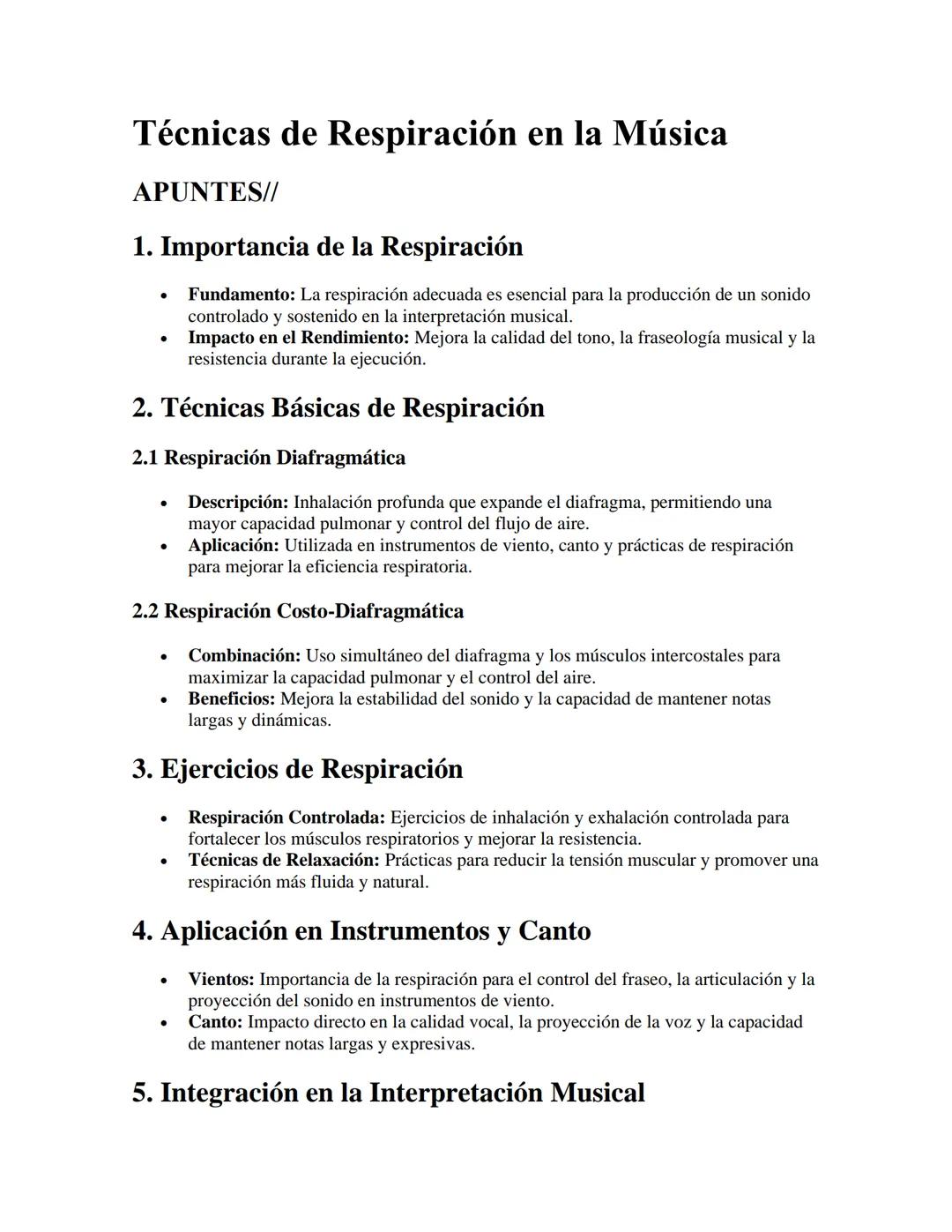 Técnicas de Respiración en la Música
APUNTES//
1. Importancia de la Respiración
•
•
Fundamento: La respiración adecuada es esencial para la 