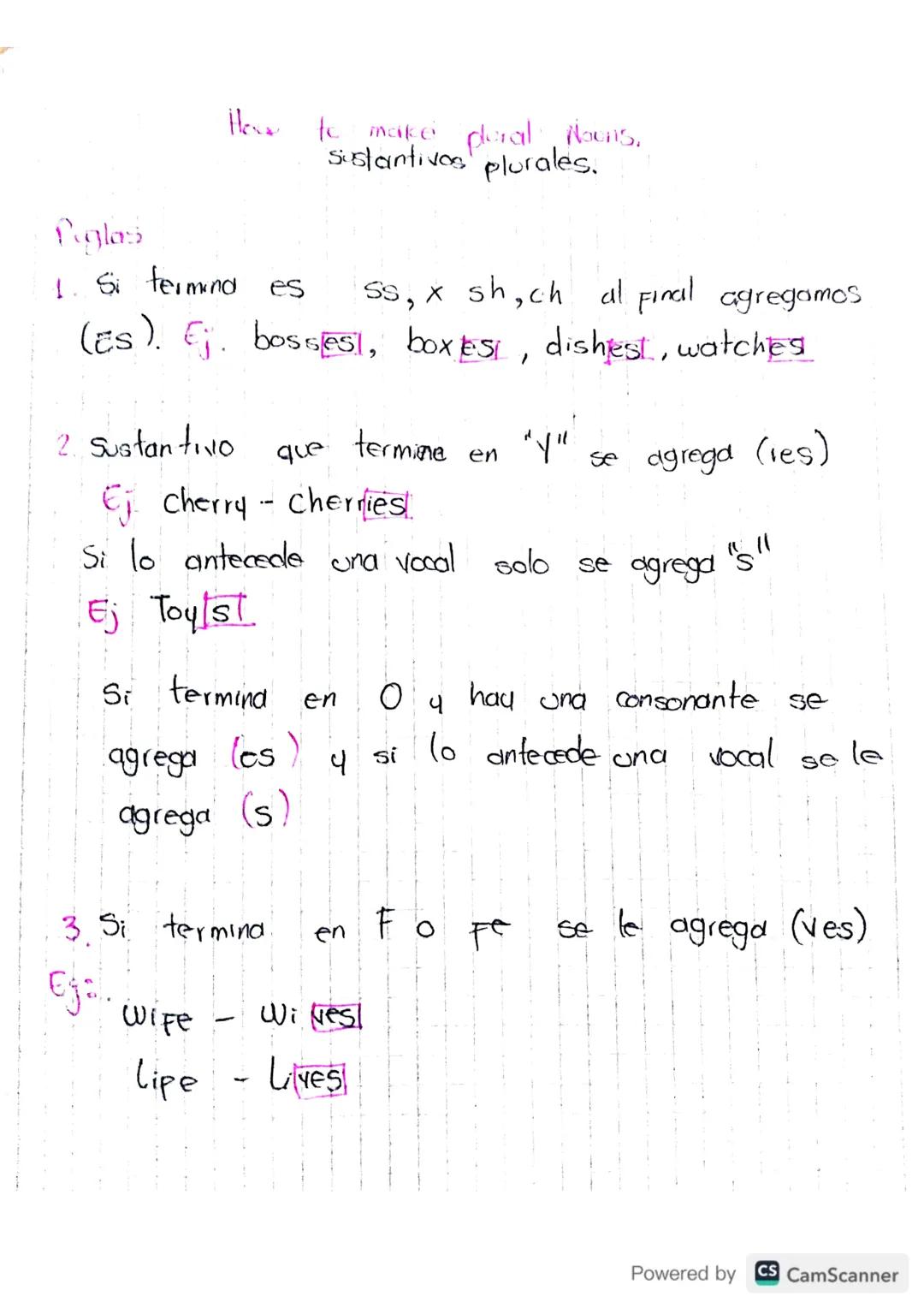 How to make plural, Noons.
Sustantives plurales.
Puglasi
1. Si termina es
Ss, x sh,ch al Final agregamos
(ES). Ej. bosses, boxes, dishest, w