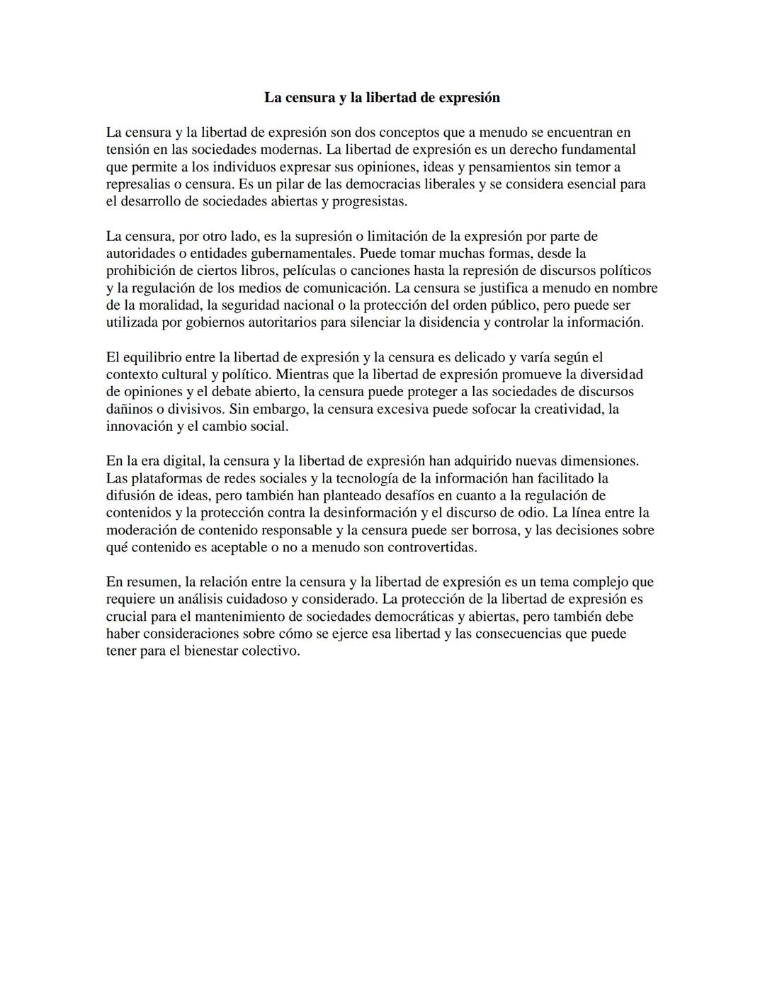 # La censura y la libertad de expresión

La censura y la libertad de expresión son dos conceptos que a menudo se encuentran en
tensión en la