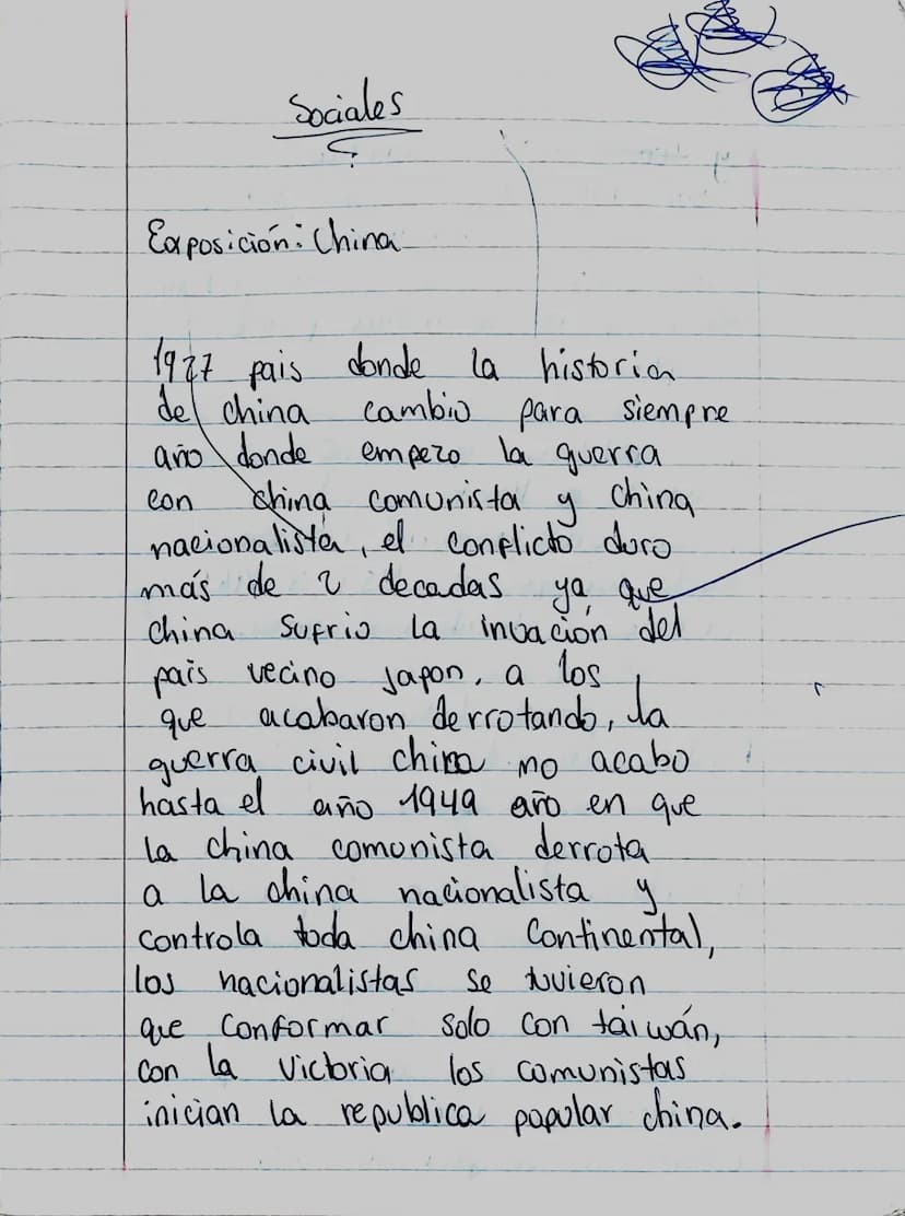Sociales
Exposición: China
1977 pais donde la historia
de china
año donde
Con
cambio para siempre
china
empezo la guerra
.y
china comunista
