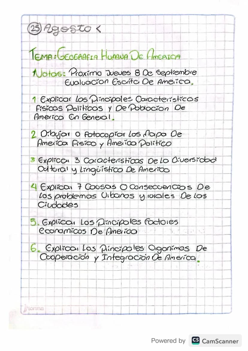 25 Agosto
TEMA: GEOGRAFIA HUMANA DE AMERICA
Notas: Proximo Jueves 8 De Septiembre
Evaluacion Escrita De America,
1 Explicar los Principales 