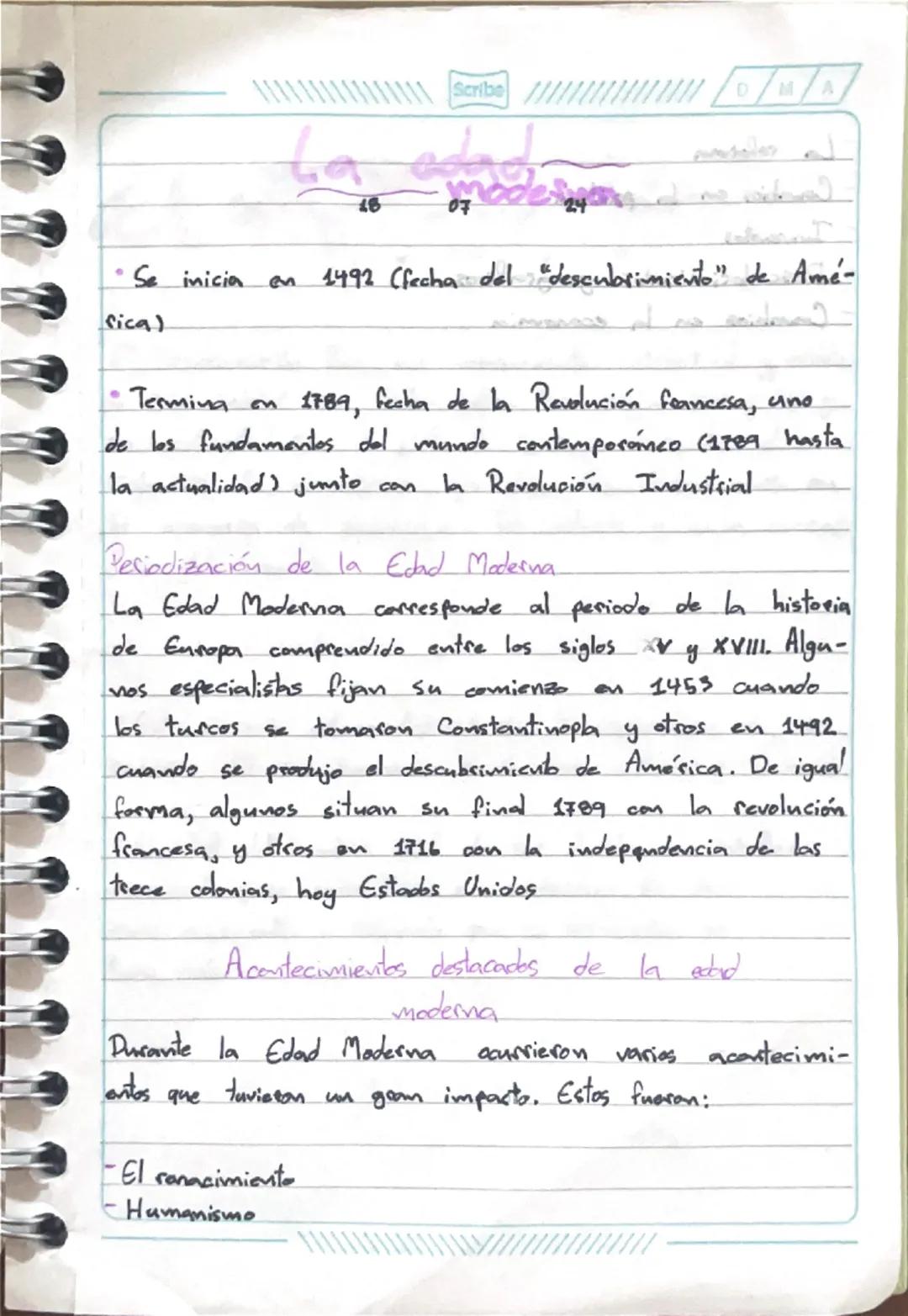 Scribe

D/M/A

La adade
48
07

Se inicia en 1492 (fecha del "descubrimiento" de Amé-
sica)

Termina on 1789, fecha de la Revolución feancesa